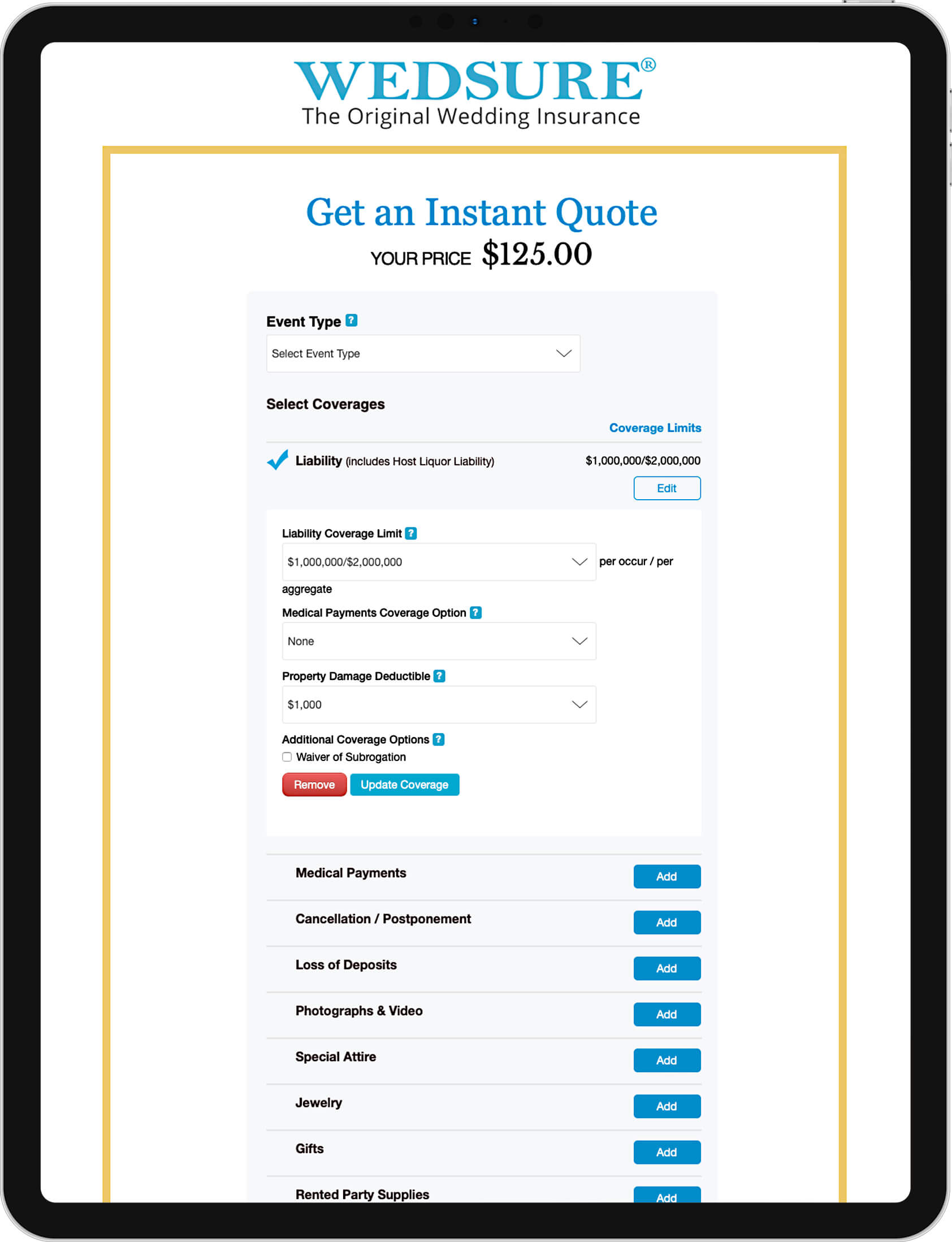 wedsure insurance web app quote
